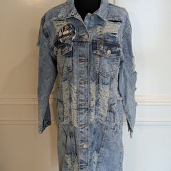 Thrill Jeans Distressed Denim Shirt Coat Womens M Destroyed Shredded Button Up