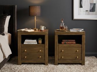 Pair of Ashley Furniture Nightstands – Warm Faux Wood Finish & Brass Hardware