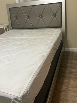 Silver Full Bed Frame with Tufted Headboard and Crocodile Texture
