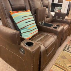 Leather Chocolate Brown Power Reclining Loveseat with Adjustable Headrest 💥 In Stock✅  Big Sale👍👍👍