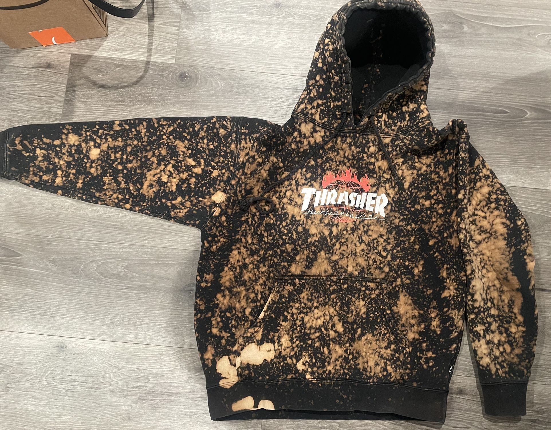 Vintage Thrasher X Huf Tie Dye Bleached Hoodie Pullover Sweater Collab Oversized