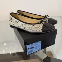 Chanel Ballet Flats 37 Black Cap Toe Speckled Fantasy Calf Leather CC Logo Italy