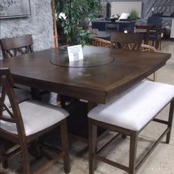 High top.6pc dining set with lazy Susan Dark Wood Or Brown  (New)