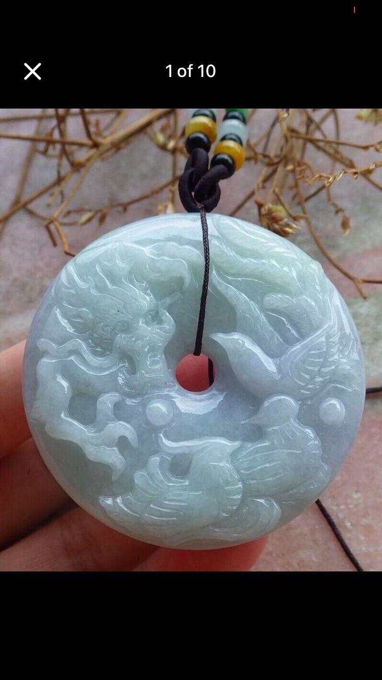 Certificate Jadeite Jade Hand Carved Green Dragon Phoenix bat circle Pendant