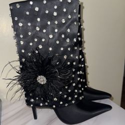 AZALEA WANG Blaise Rhinestone Black Stiletto Mid Calf Booties Size 8,5