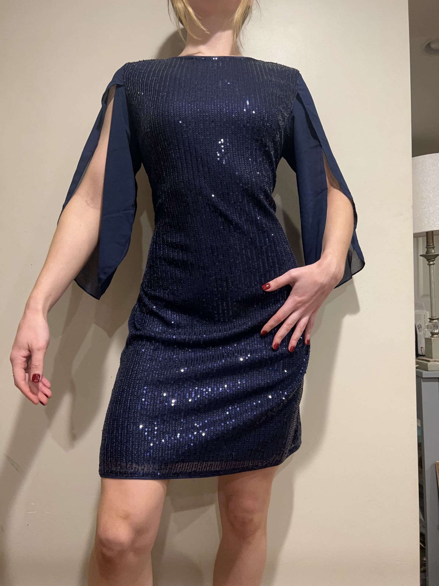 Royal/navy Blue Sequin Dress With Slit Sleeve
