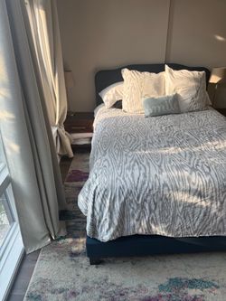 Queen, bed frame, nightstands, and mattress