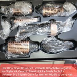Hair Blow Dryer Brush Set - Versatile Detachable Negative Ion Styler Kit, Ceramic Barrel Hot Air Brush Tools for Volumer, Dry, Slightly Curly, for Wom
