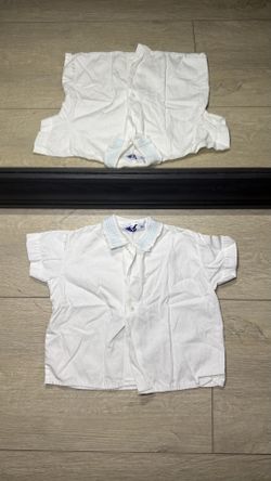 Vintage Kids / Toddlers 1980s White Button Up With Baby Blue Striped Ribbed Collar