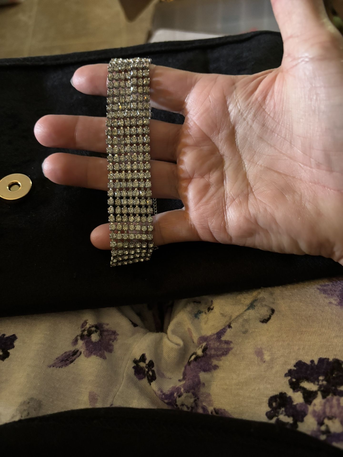 Vintage 7 Stones Wide Clear Rhinestone & Silver Bracelet w/Latch & Safety Chain Very Elegant Bracelet $18