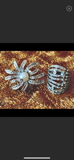 Pair Of Rhinestone And Pearl Statement Rings