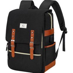 Vintage Laptop Backpack for Women Men,15.6 inch Bookbag Casual Daypack with USB Charging Port for College Work, Black Backpacks