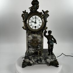Antique European Bronze And Marble Mechanical Clock Sculptural Man & Dog Untest