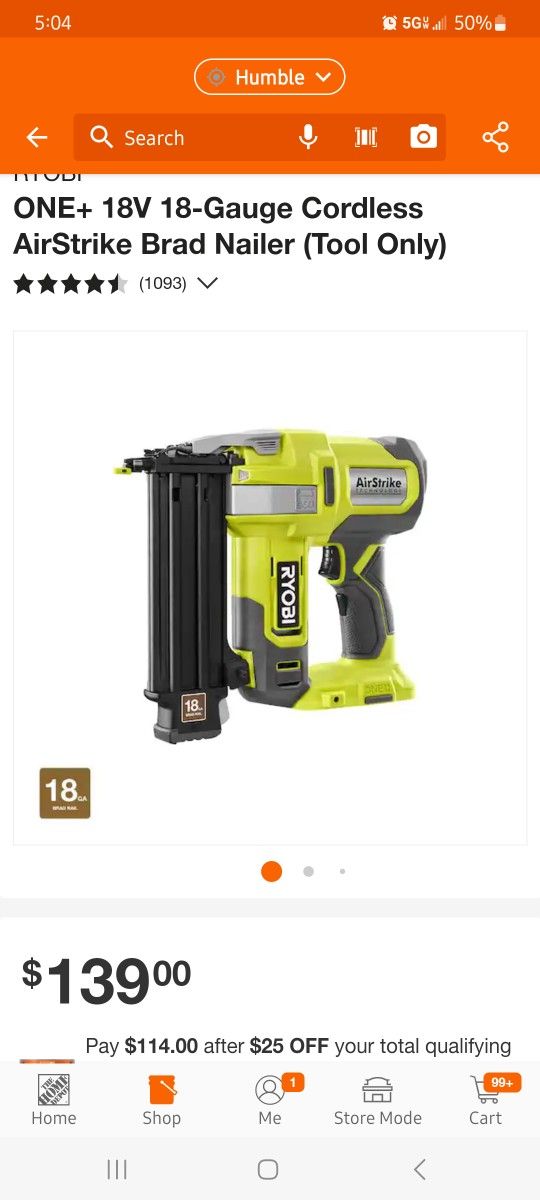 Ryobi 18v Finishing Nail Gun  .$100