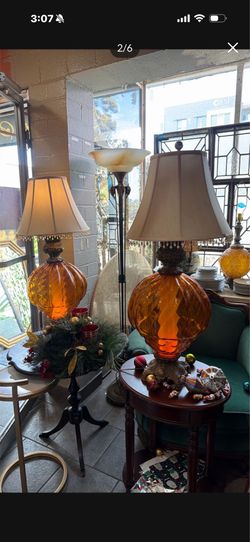 Beautiful Vintage blown large, amber glass table lamps