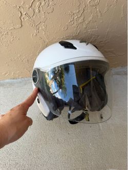 Scorpion EXO-200 open-face helmet features a clear visor and visible scuff marks on the shell Used condition, scuffs