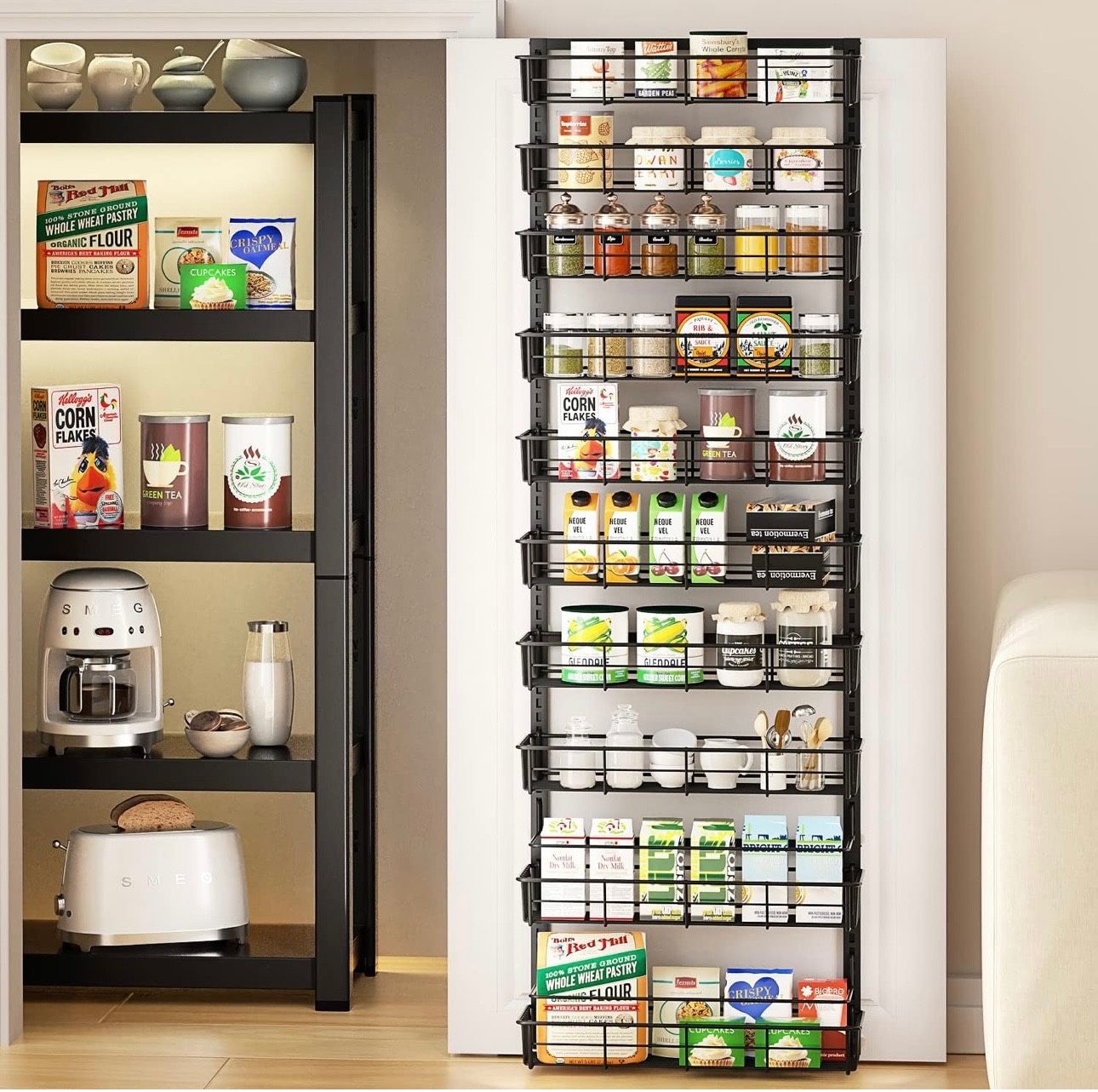 Over the Door Pantry Organizer, 10-Tier Adjustable Baskets Pantry Organization, Metal Door Shelf with Detachable Frame, Space Saving Hanging Spice Rac