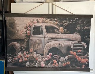 Rustic Truck Canvas Wall Art 36x24”  Vintage Farmhouse Sage Green Blush Petunia Picture Wall Decor Poster Print Artwork for Farm Living Room Home Deco