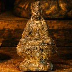 Fine Art Vintage Original Solid Metal Gold Plated Antique Guanyin Bodhisattva of Compassion Lotus Throne Buddha Buddhism Quan Yin Avalokiteshvara