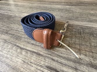 Navy Braided Elastic Belt with Leather Trim