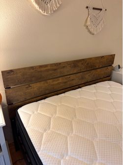 Queen Wooden Platform Bed + Queen Mattress – $180 for Both