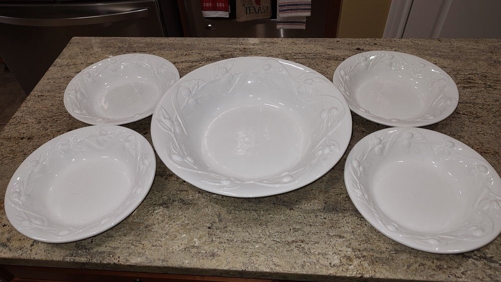 I Patrizi White Olive Harvest five (5) piece pasta bowl set from