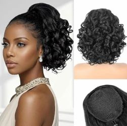 Curly Drawstring Ponytail Yaki Synthetic Hair Extension Black