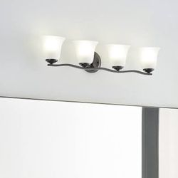 Vanity Light, New In Box - 4 Lights, Bronze, About 32” Long X 6.25” High, Satin Etched Glass Shades