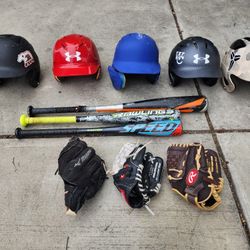 Baseball Gloves, Batting Helmets, Baseball Bats 