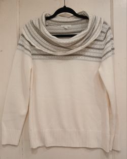 Knit White Sweater Cowl Neck Silver Stripes Large Women's New York & Company 