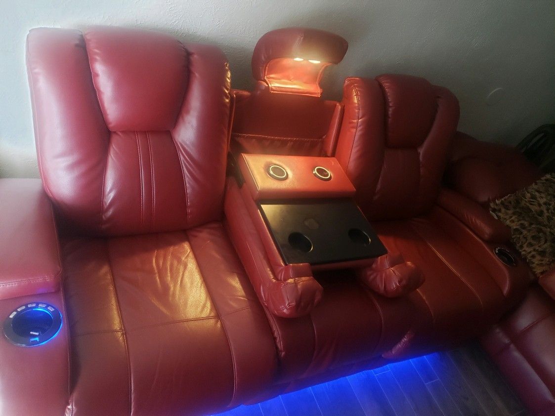 $900 Obo NEED GONE Red Leather reclining Couches W /wired And Wireless Charging