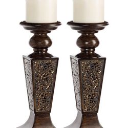 Creative Scents Schonwerk Brown Pillar Candle Holder Set of 2- Crackled Mosaic Design- Functional Table Decorations- Centerpieces