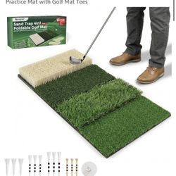 4-in-1 Foldable Heavy-Duty Golf Hitting Mat, Sand & Tee Turf, Anti-Slip Backing,for Swing/Chip/Putting Practice,Golf Practice Mat with Golf Mat Tees