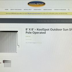 Koolspot Outdoor Sun Shade, Pole Operated 8’ x 8’. new in the package. Wall or ceiling mounted Shades