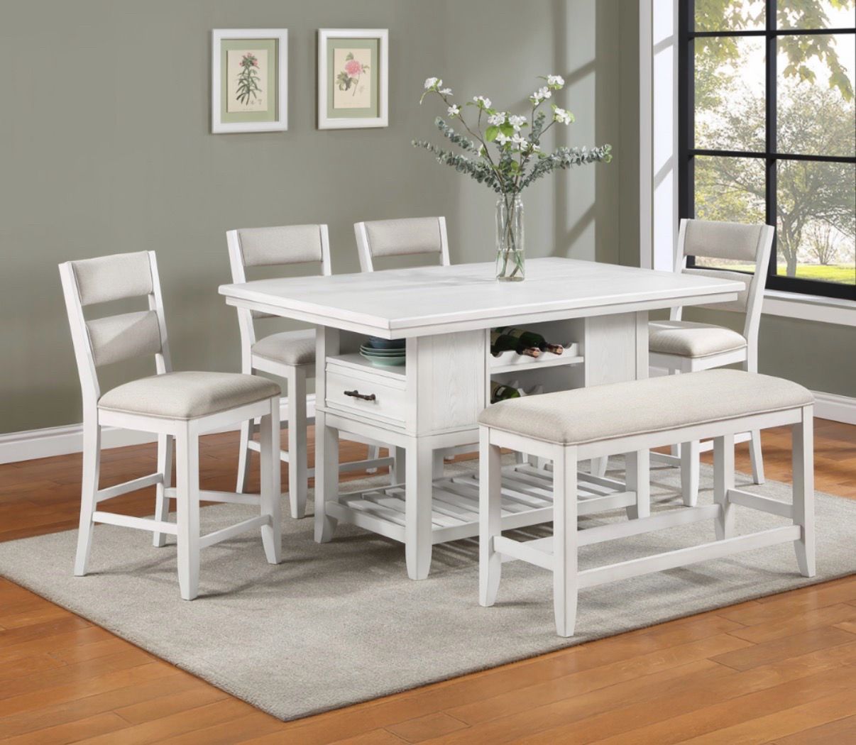 WHITE COUNTER HEIGHT DINING TABLE WITH CHAIRS AND BENCH