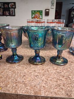 Set up 3 Indiana glass, blue carnival goblets.