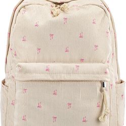 Stylish lightweight Supersoft, cream/ pink bows corduroy teen/ elementary book bag. Color: cream w/ pink bows , breast cancer awareness.  