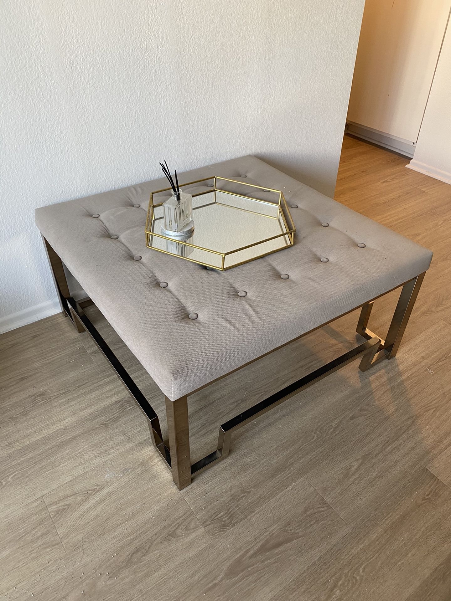 tufted coffee table ottoman & mirror tray decor set