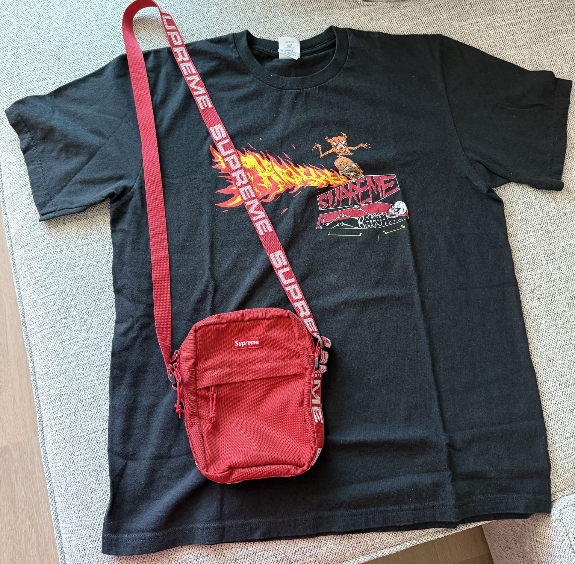 Supreme x Thrasher Back Tail Tee Black (FW24) Size L and a Supreme SS18 Red Shoulder Crossbody Bag C ordura $125