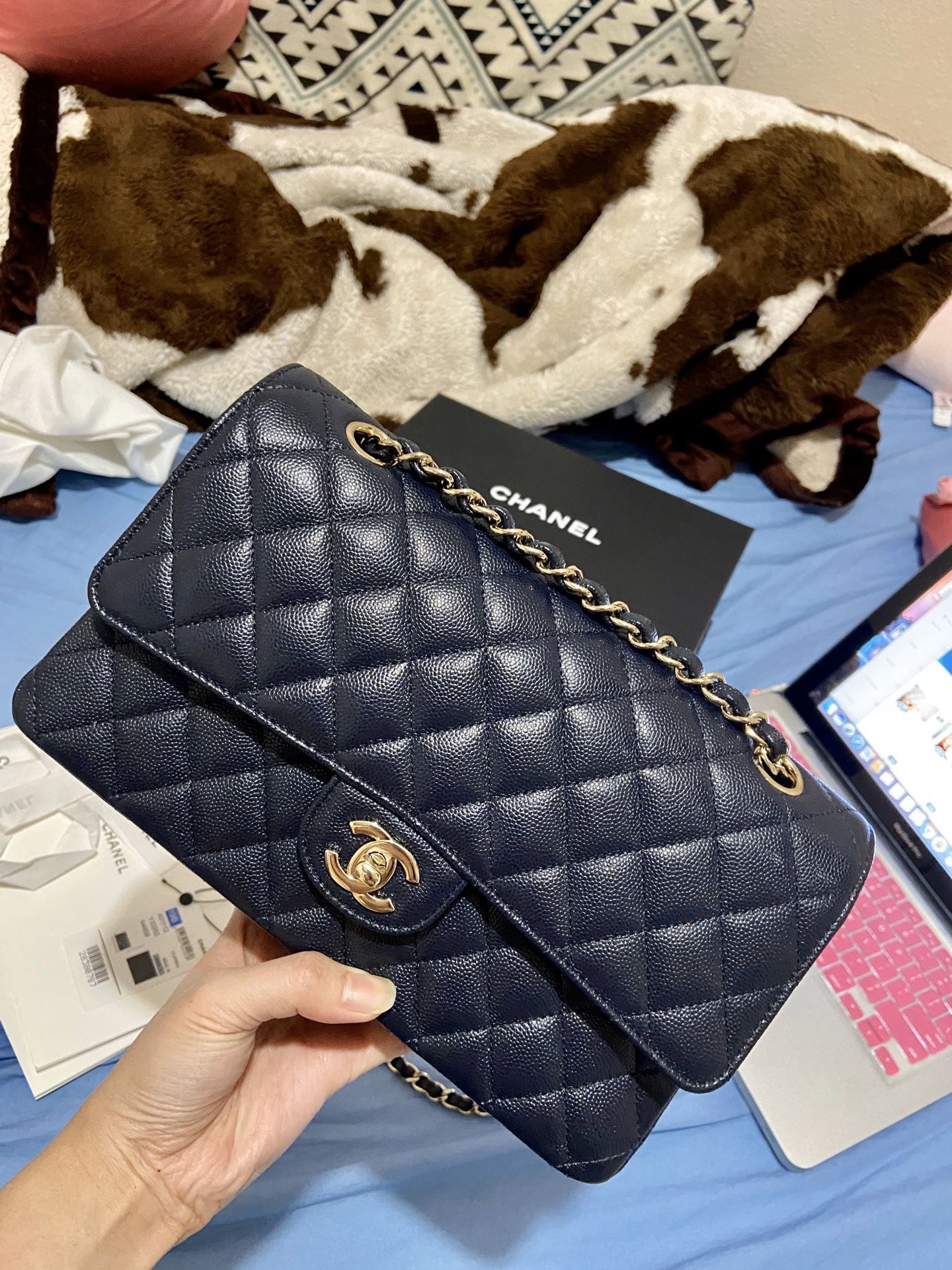 Authentic Navy Blue chanel classic double flap bag medium brand new