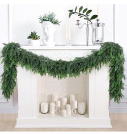 6Ft Artificial Cedar Garlands, Faux Cypress Garland, Realistic Christmas Real Touch Greenery Pine Garland for Table, Mantle, Wall, Indoor, Outdoor Chr