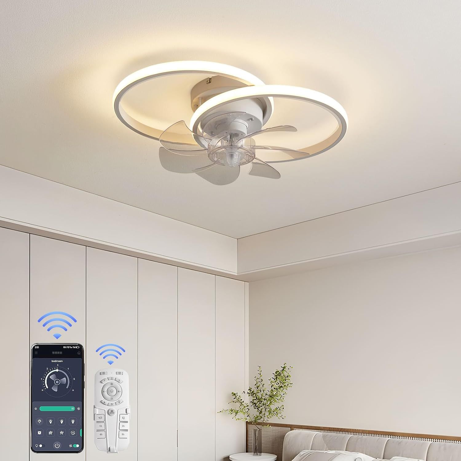 Modern Ceiling Fan with Lights, Low Profile Ceiling Fans with Remote Control and APP Control, 6 Speed Reversible Blades, Stepless Dimmable LED Ceiling