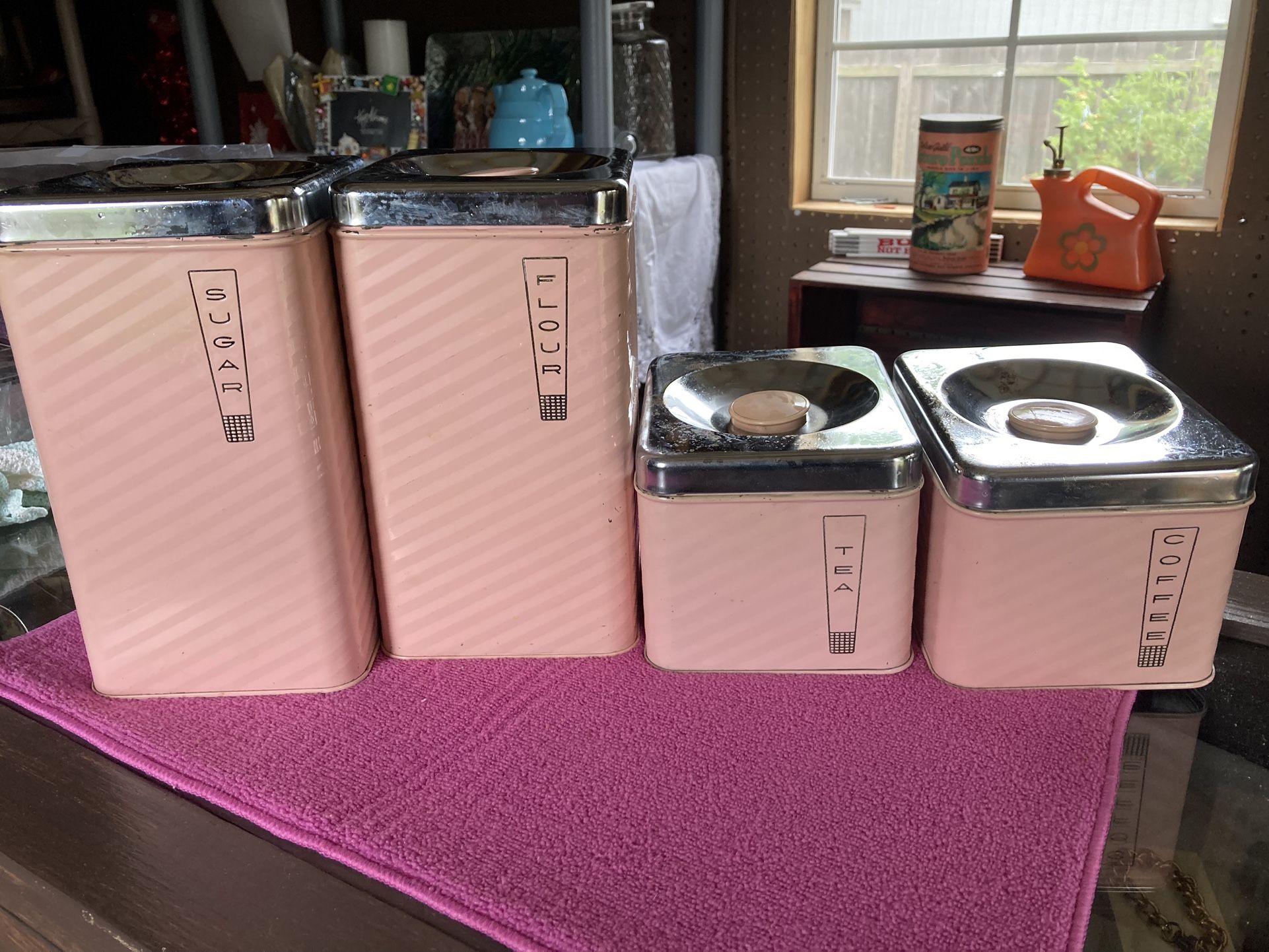 Vintage MCM Lincoln BeautyWare Pink Metal Canister Set.  READ BELOW 