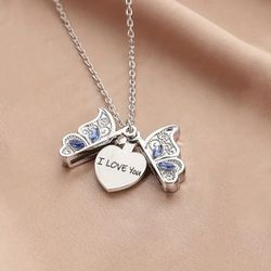 Silver Rhinestones women's lady's Butterfly Open Locket pendant necklace gift.  