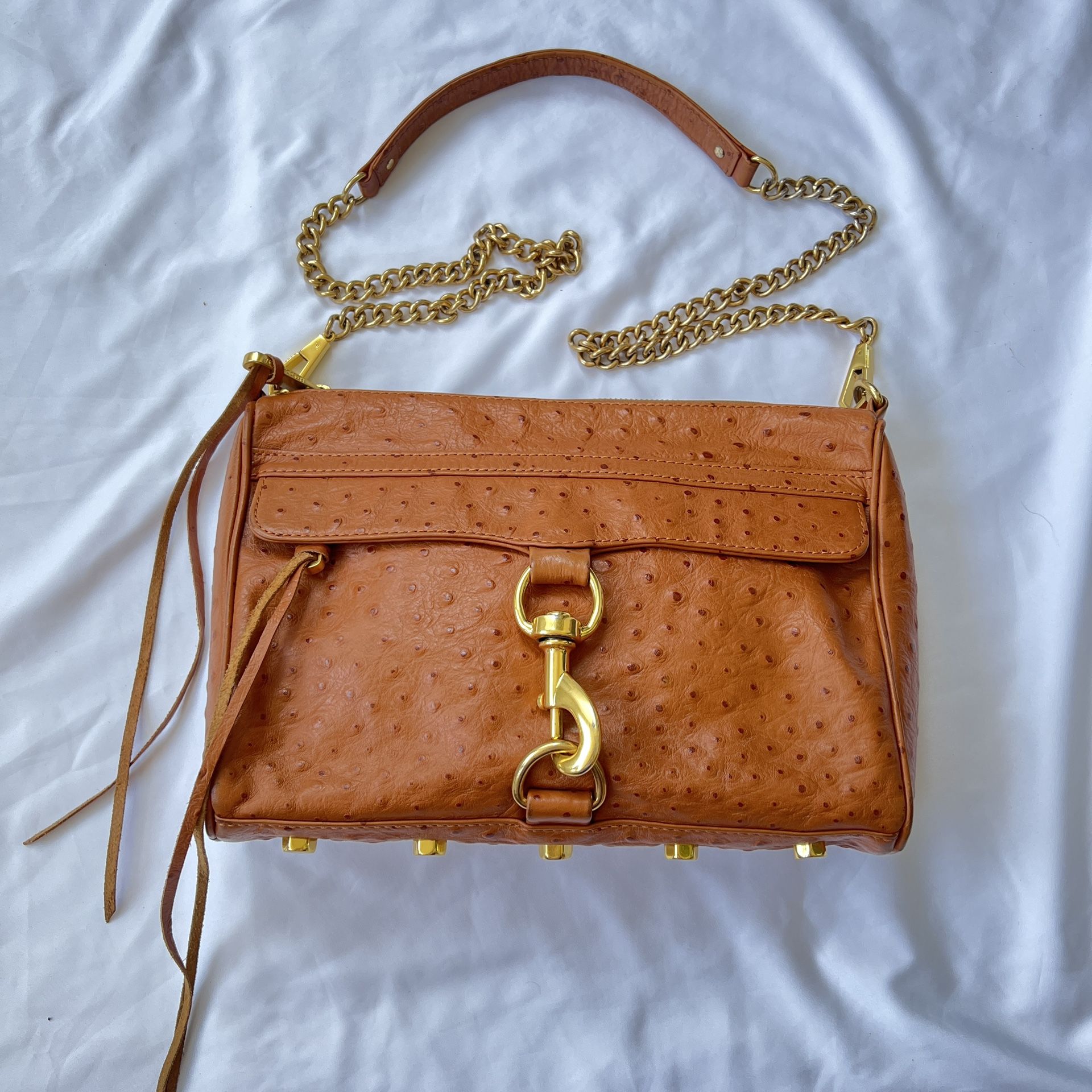 Rebecca Minkoff Ostrich Embossed Leather Crossbody Bag Brown Gold Chain – Chic & Luxurious