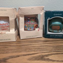 3 Vintage Hallmark Ornaments 1980s Babys First Christmas, Son,  And Grandson