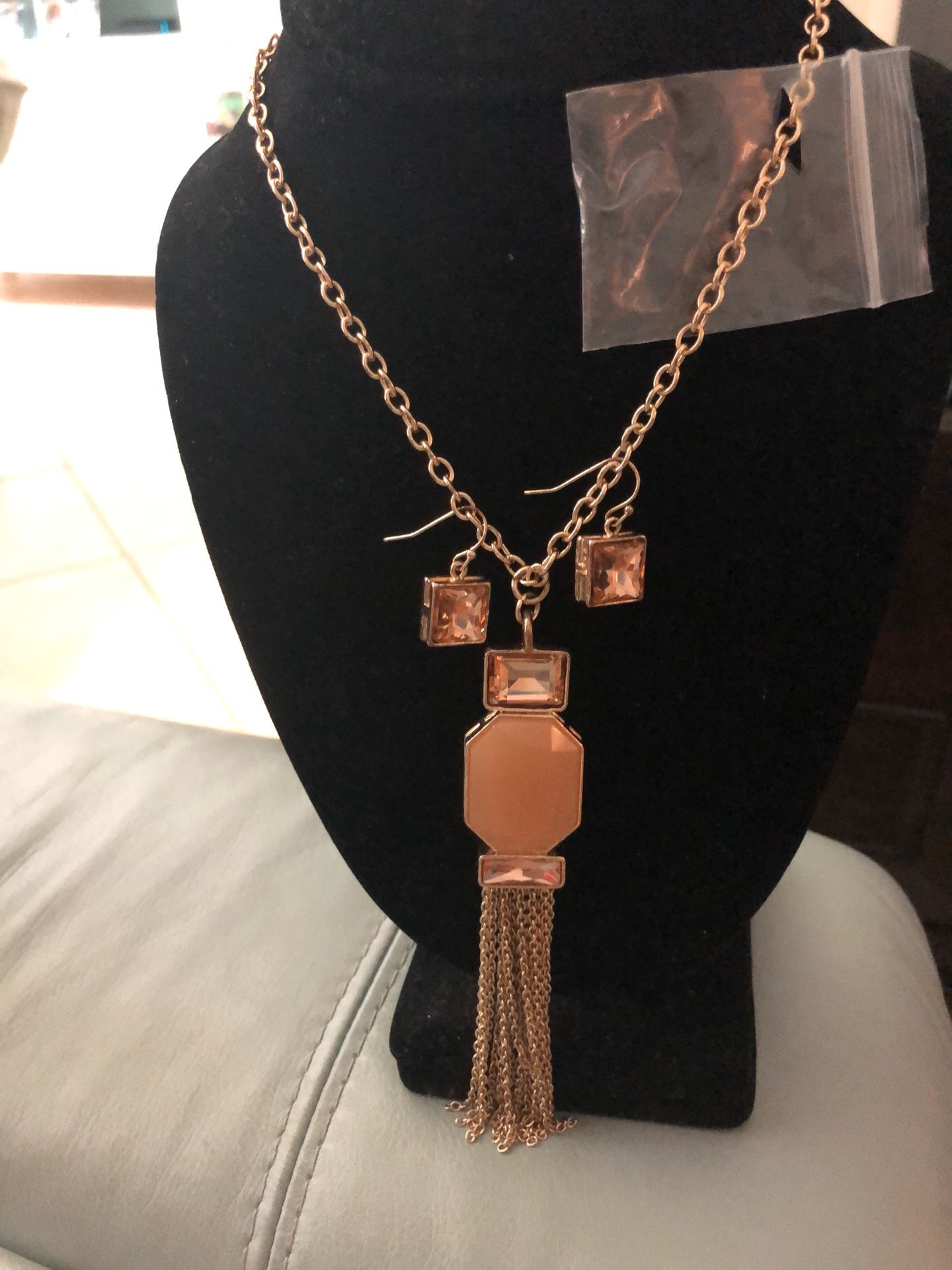 Long Necklace and Earring Set  Peach Lucite Stone