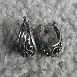 Vintage Ornate Sterling Silver Hoop Earrings 