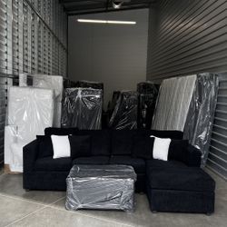 Brand New Charcoal Black Sectional Sofa Couch With Ottoman 