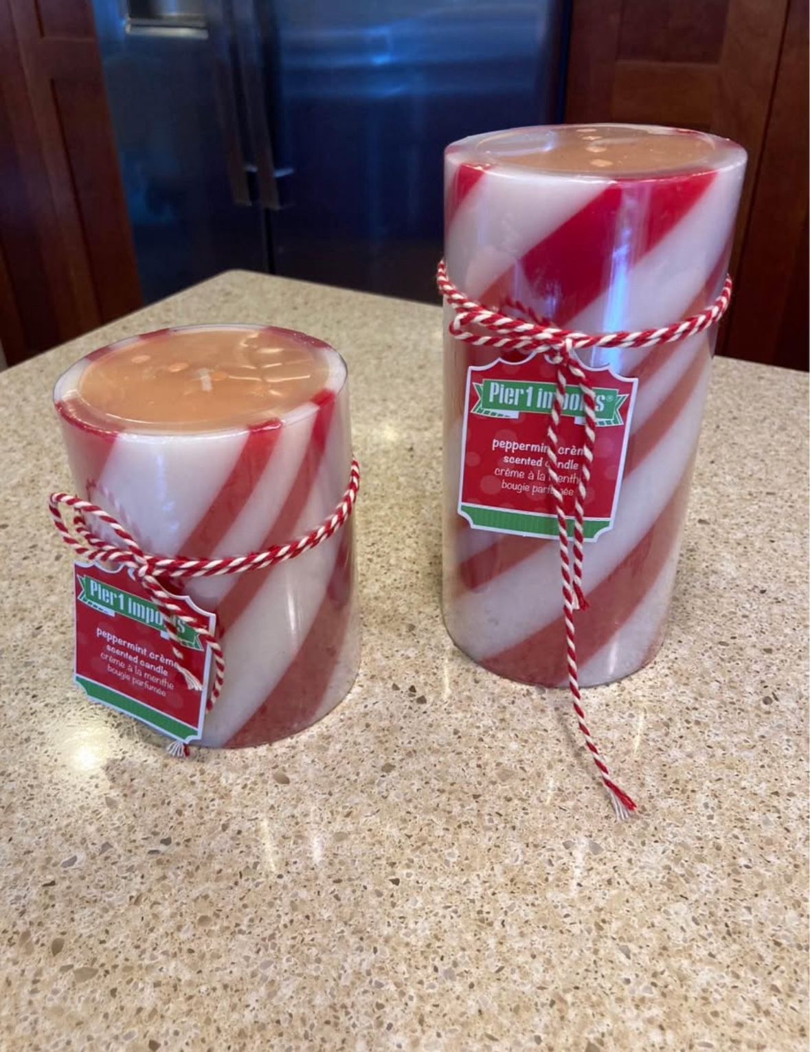 Pier 1 Candles Red White Striped Peppermint Crème Pillar NEW